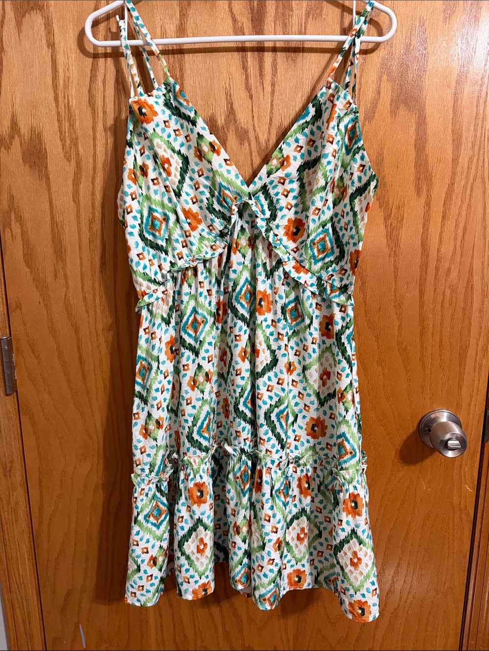 Very J White Mini Dress with Teal and Orange Geometric Print